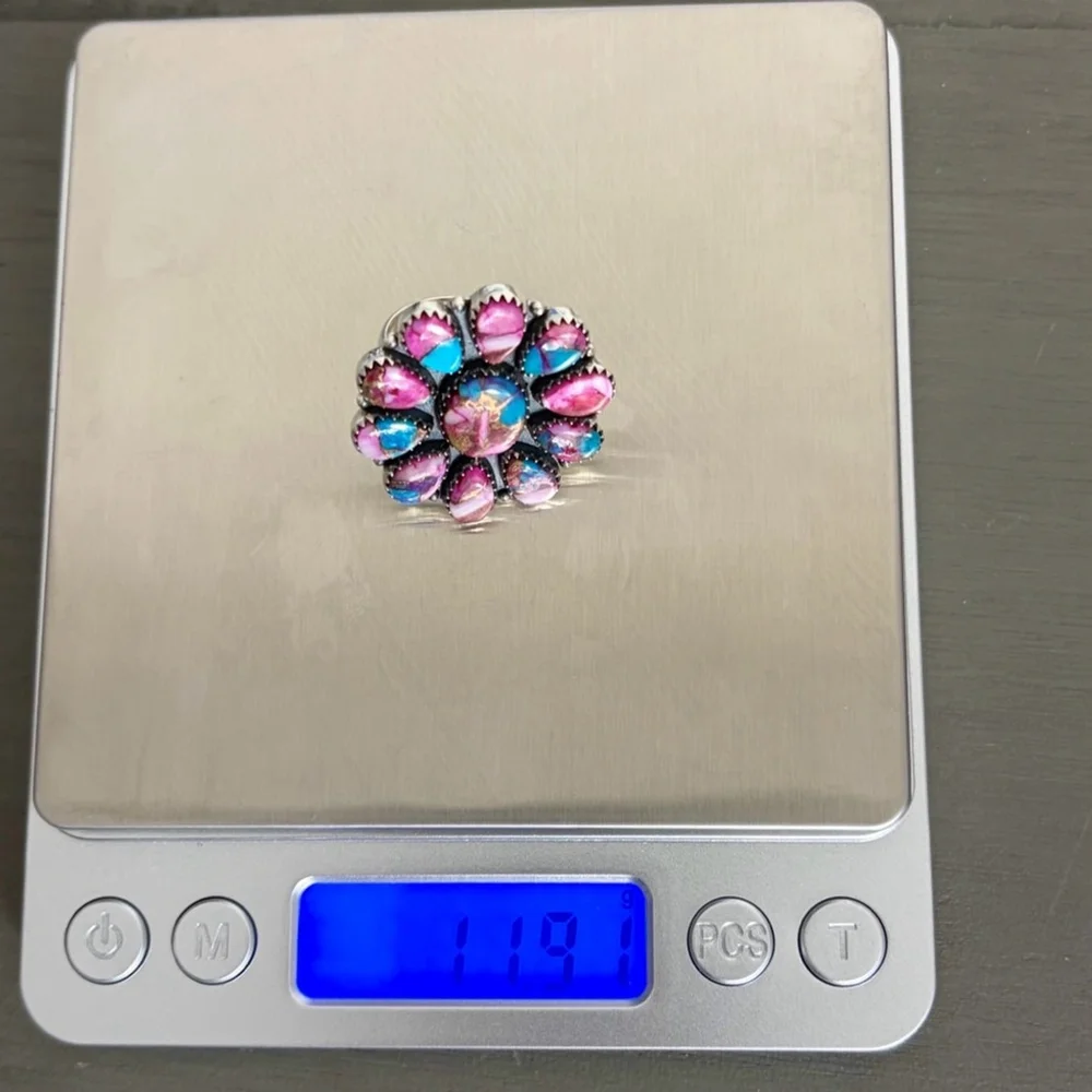 Pure Sterling Silver 925 Pink Dahlia Turquoise Cluster Ring 7 1/4 Navajo Style - Picture 11 of 11